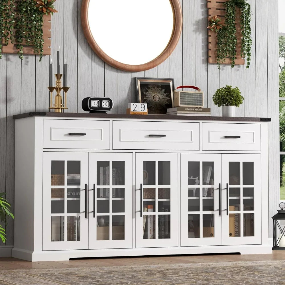 Buffet Cabinet with Storage, 63" Large Sideboard Cabinet with 3 Drawers & 5 Glass Doors, Modern Farmhouse Kitchen Cabinets Buffe