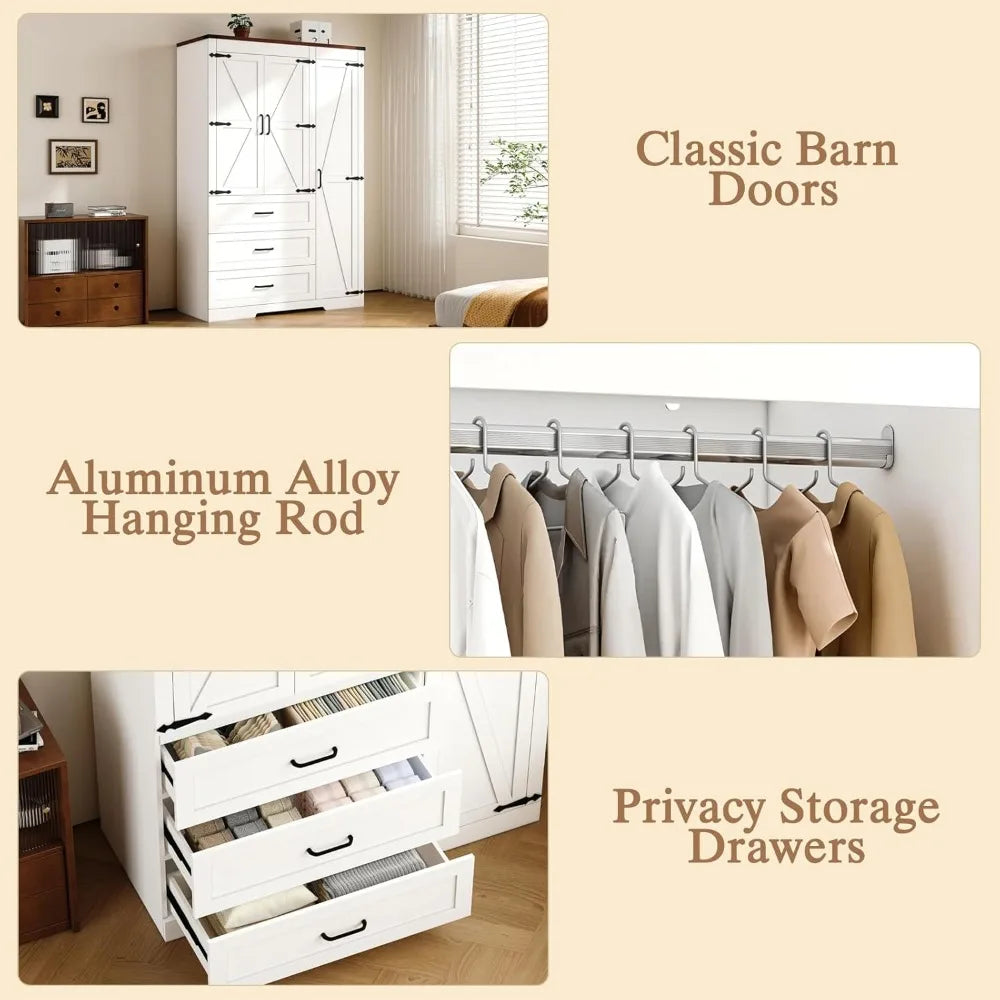 Wardrobes, Freestanding Clothing Storage Cabinet, Wooden Armoire Wardrobe Closet for Bedroom,Farmhouse Armoire with Hanging Rod