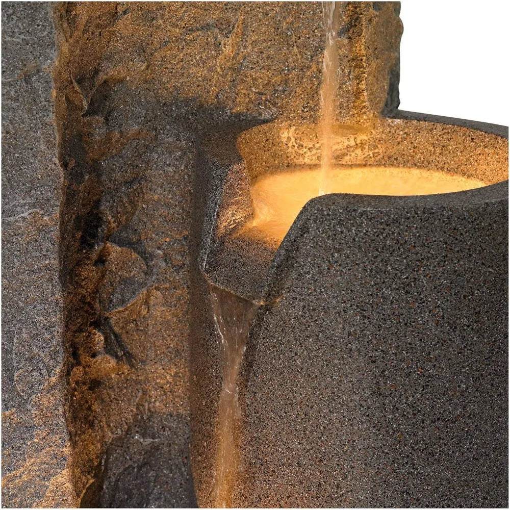 Bowl and Pillar Zen Modern Outdoor Floor Water Fountain 34 1/2" High with LED Light Cascading for Garden Patio Backyard Deck Hom