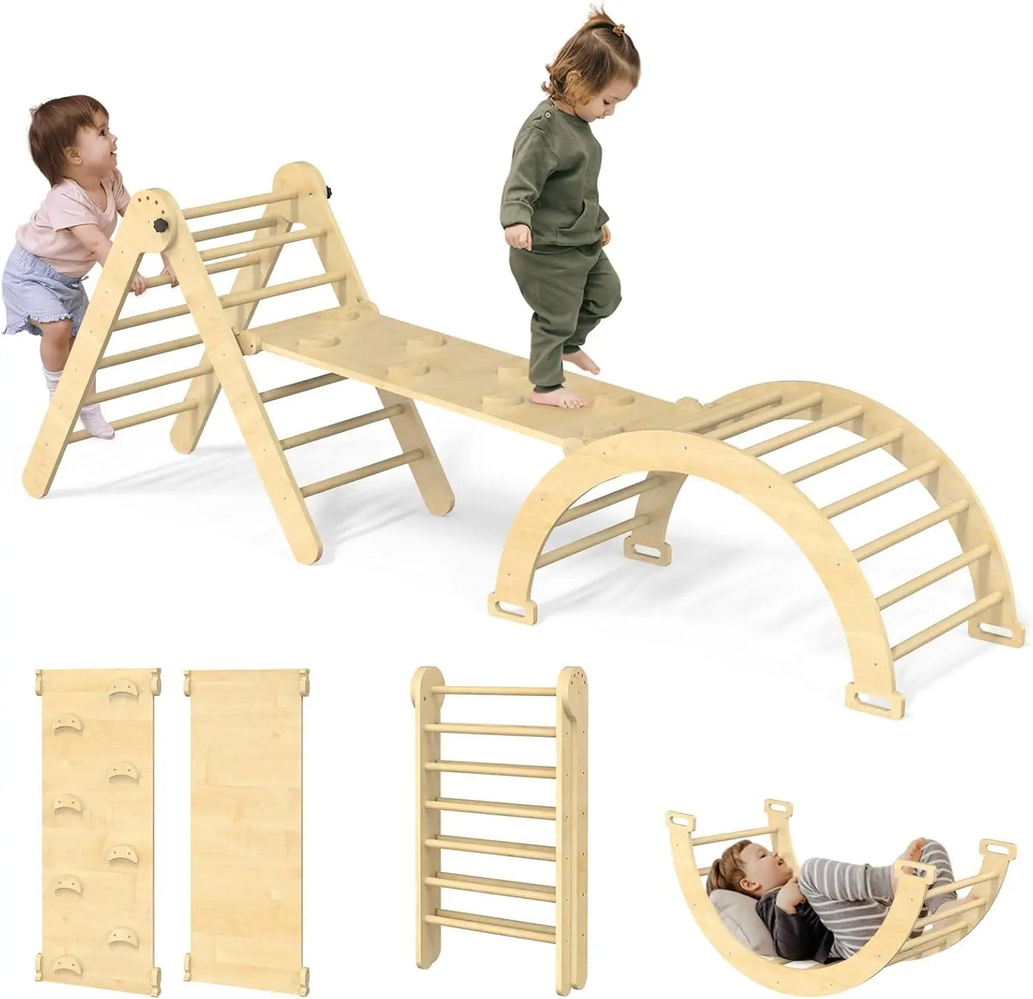 Pikler Triangle Set, 5 in 1 Toddler Climbing Toys, Wooden Montessori Climbing Set with Foldable Ladder & Arch & Ramp, Baby Climb