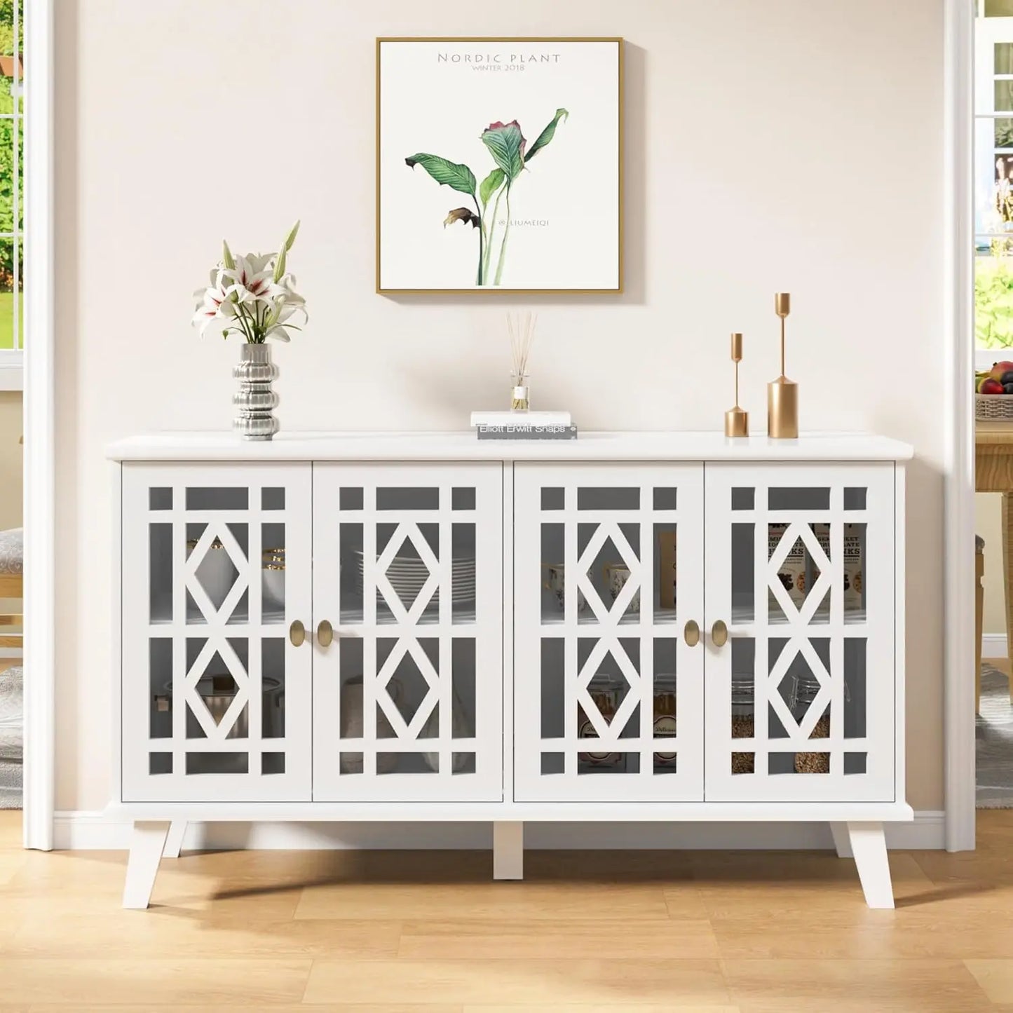 52" Buffet Cabinet with Storage,Sideboard with 4 Doors, Skeletonized Coffee Bar with Storage, Sideboard Cabinet for Dinning Room