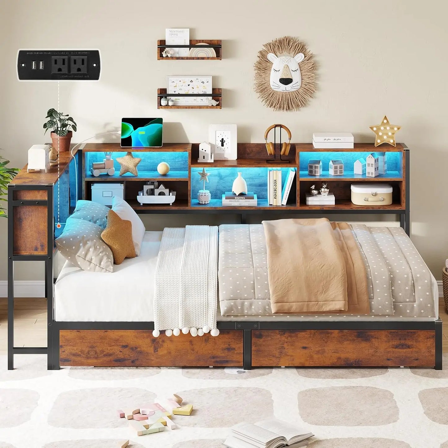 Twin Size Corner Bed Frame with Bookcase Storage and Led Lights Metal Platform Beds with 2 Drawers and Charging Station