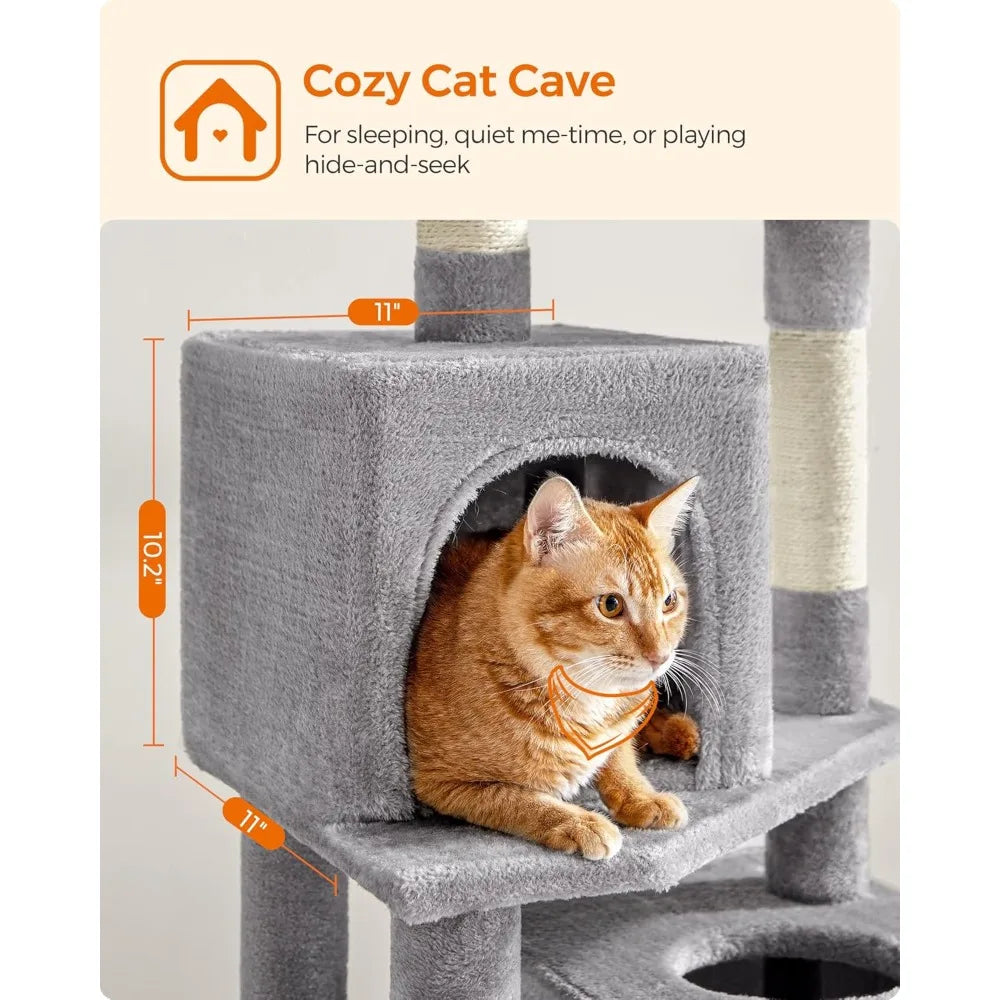 Feandrea Cat Tree, 61-Inch Cat Tower for Indoor Cats, Plush Multi-Level Cat Condo with 5 Scratching Posts, 2 Perches, 2 Caves, H