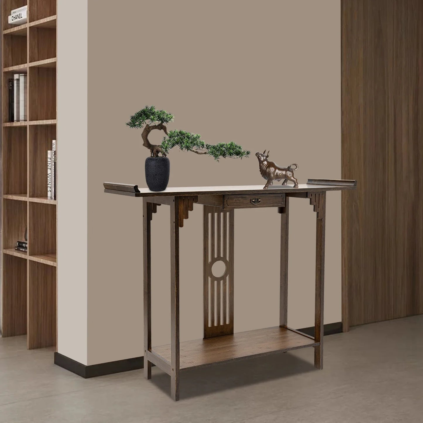 2-Layer Walnut Color Bamboo Entryway Table with Drawer & Storage Shelf, 800 Lbs Capacity Console Table for Living Room, Hallway
