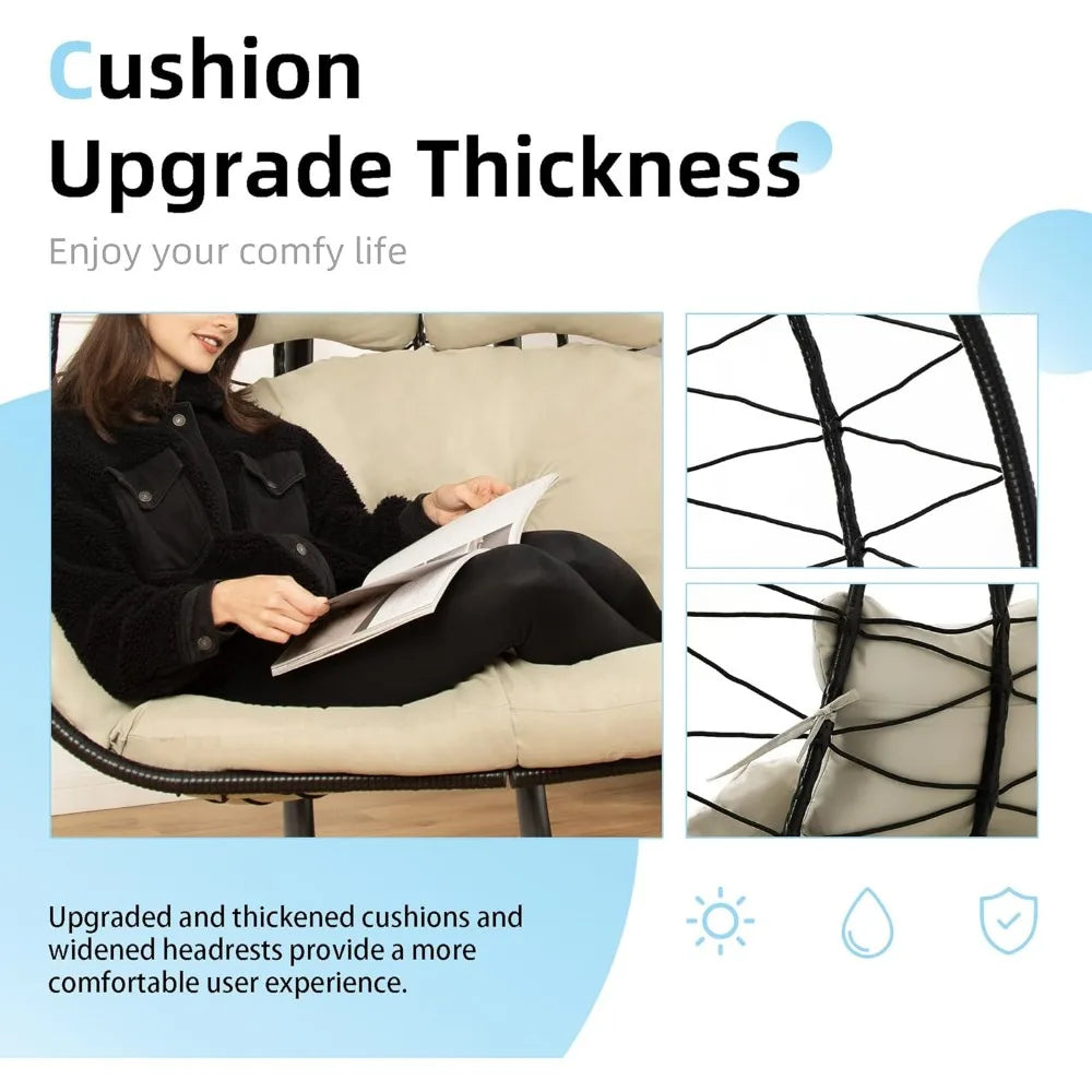 Double Egg Chair wth Stand Hammock Swing Chair Foldable Hanging Loveseat, UV Resistant Removable Cushions, 700LBS Capacity for B