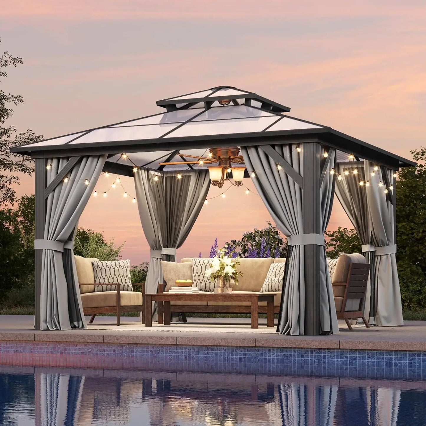 12'x16' Hardtop Gazebo, Aluminum Frame Permanent Pavilion with Netting and Curtains, Outdoor Polycarbonate Double Roof