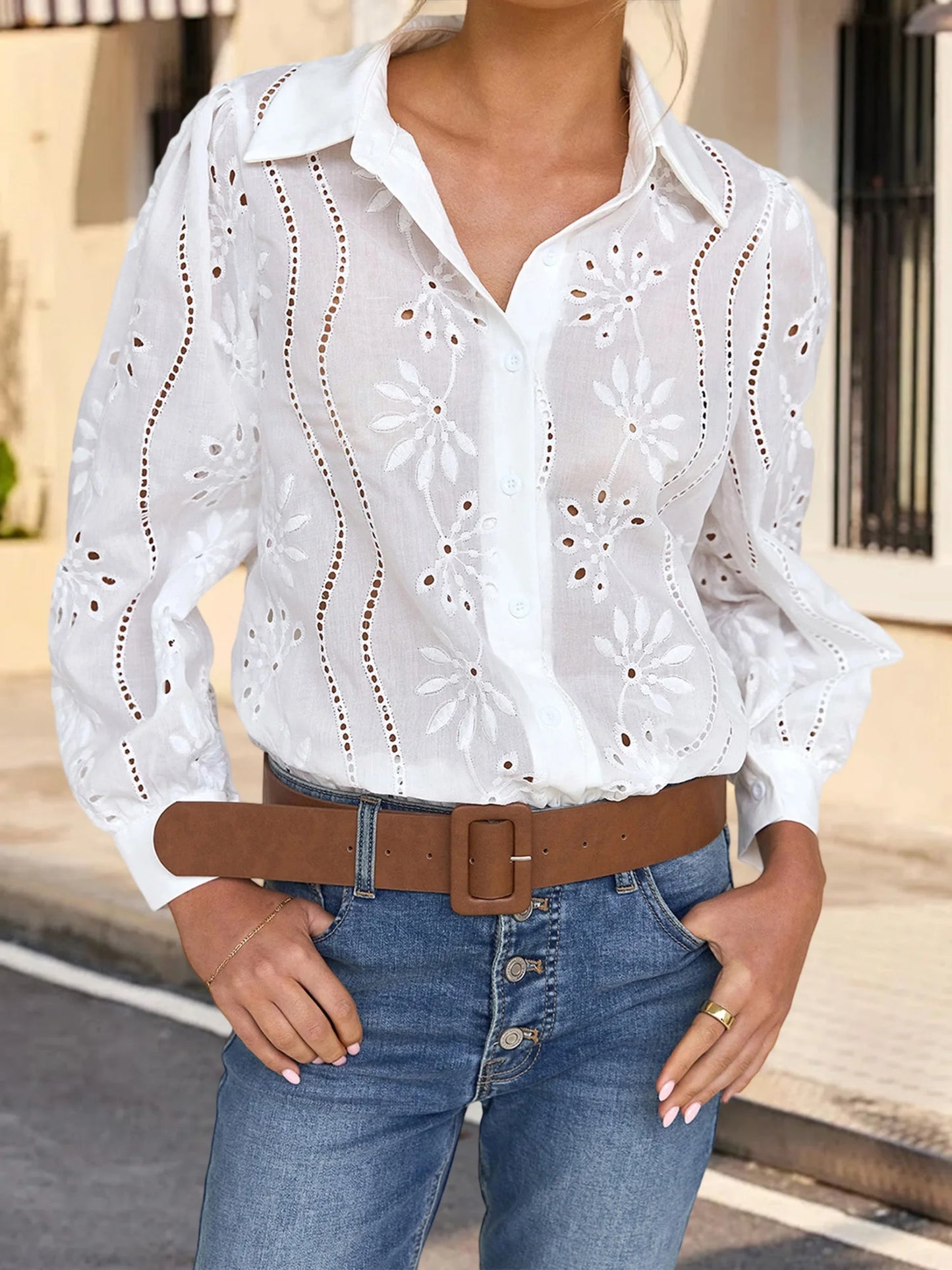 Stylish Women s Eyelet Blouse with Long Sleeves and Turn Down Collar in Solid Color Loose Fit Shirt for Fashionistas