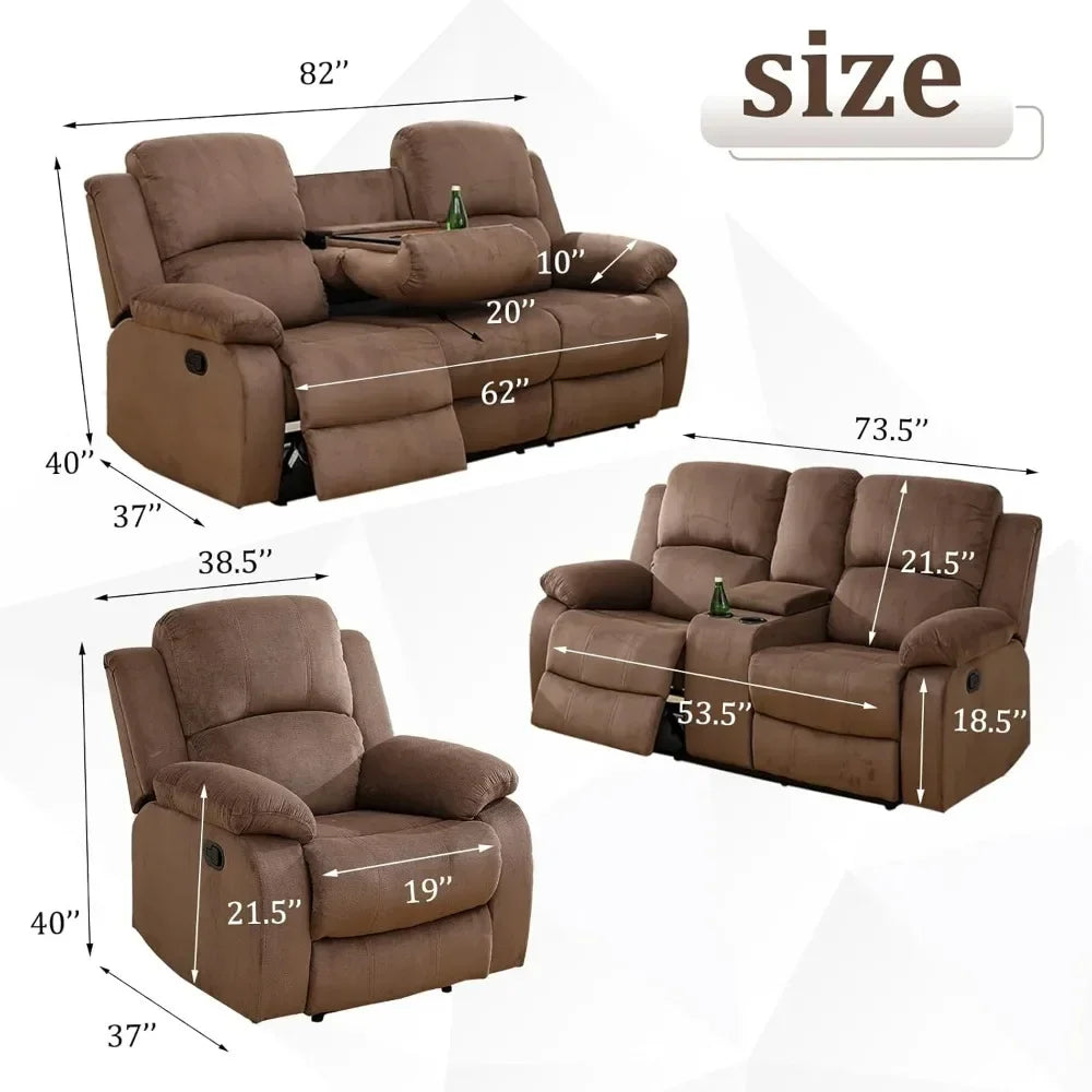 Living Room Sofa Set,3 Pieces Recliner Sofa Set Living Room Furniture, Fabric Sofa Set, Recliner Couch Set with Storage Console