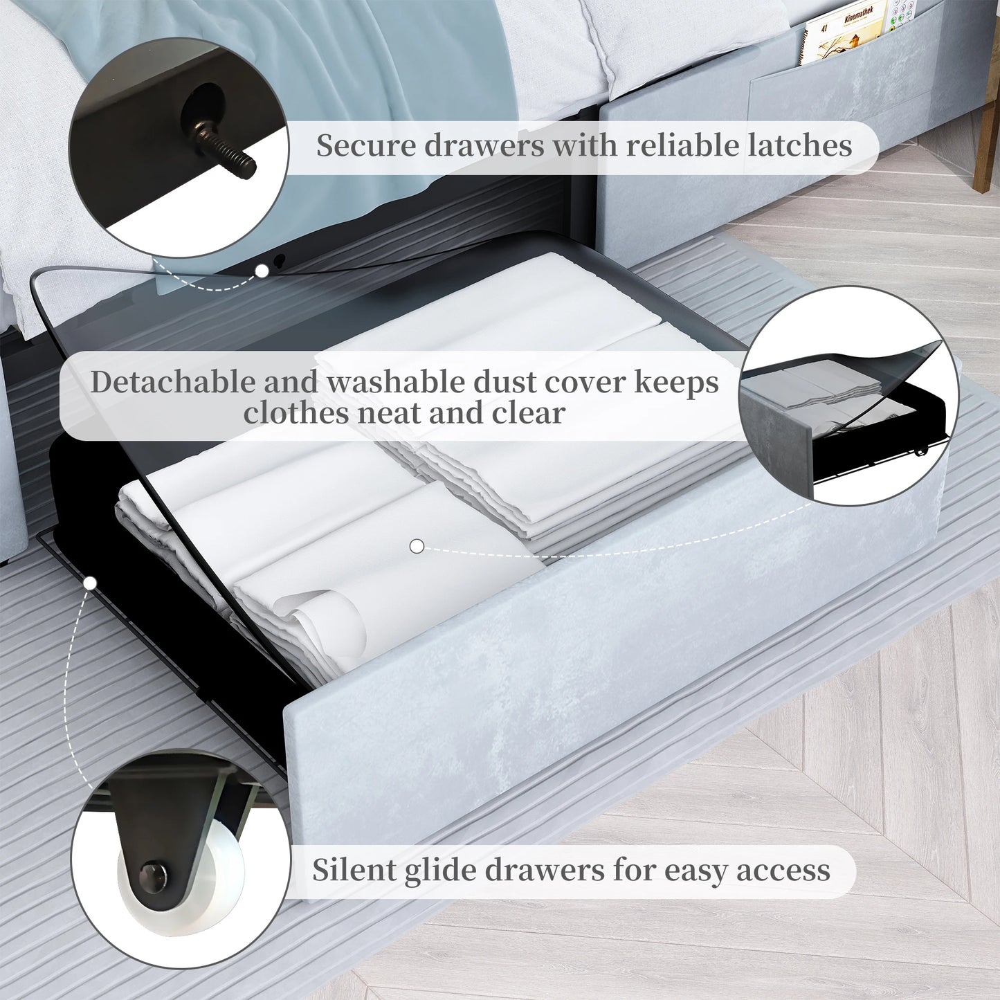 Full Size LED Bed Frame with 2 Drawers, Heavy Duty, Adjustable Crystal Tufted Headboard, No Box Spring, Velvet, Cream/Grey