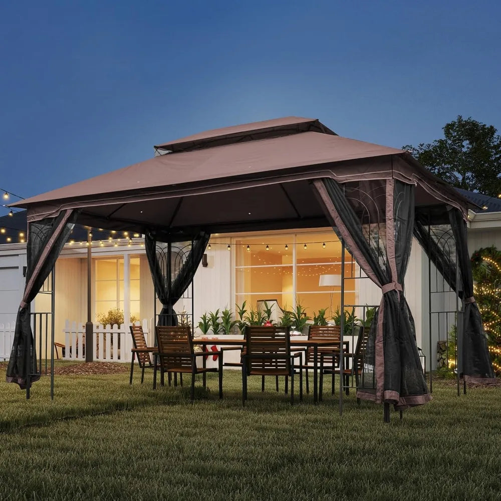 10' X 13' Outdoor Gazebo, Soft Double Roof Canopy Tent with Mosquito Netting, Party Tent Shelter with Corner Frame Shelves for