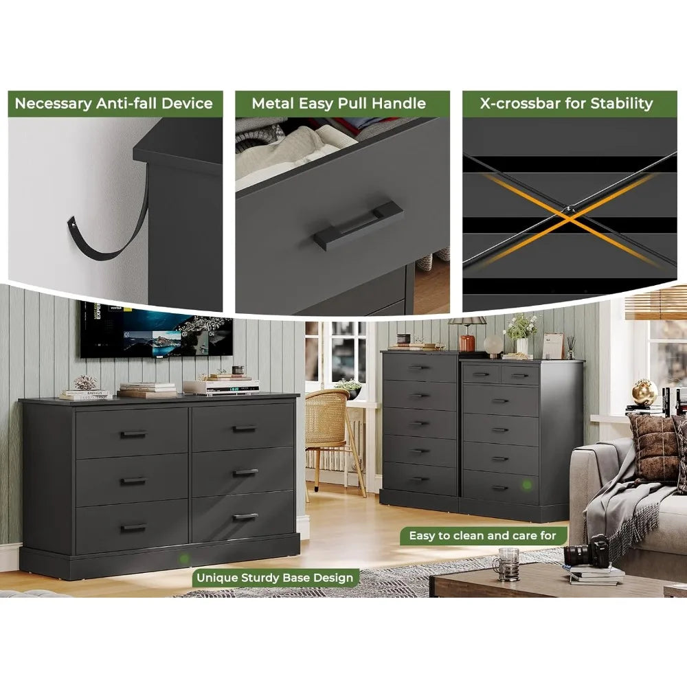 Black Dresser for Bedroom, 5 Drawer Dresser with Sturdy Base, Wooden Large Capacity Storage Cabinet, Tall Chest of 5 Drawers