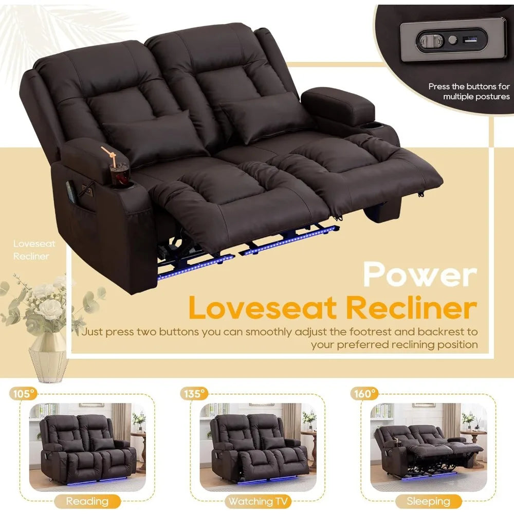54" Power Loveseat Recliner Sofa, Electric Home Theater Seating with Massage Heat/4 Colors Ambient Lights/USB Port/Side Pocket/