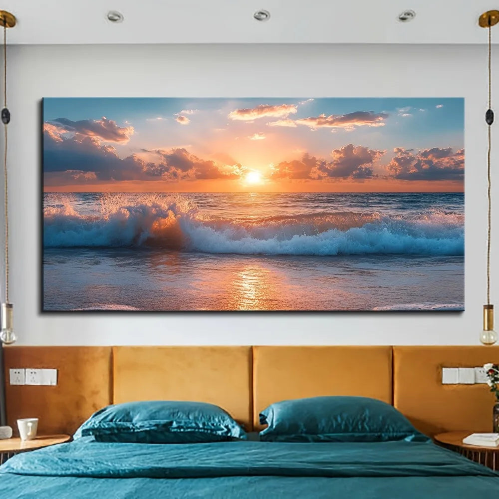 1.5 inch thick pine solid wood frame, Li tomorrow empty ocean beach wave scenery, modern painting wall decoration