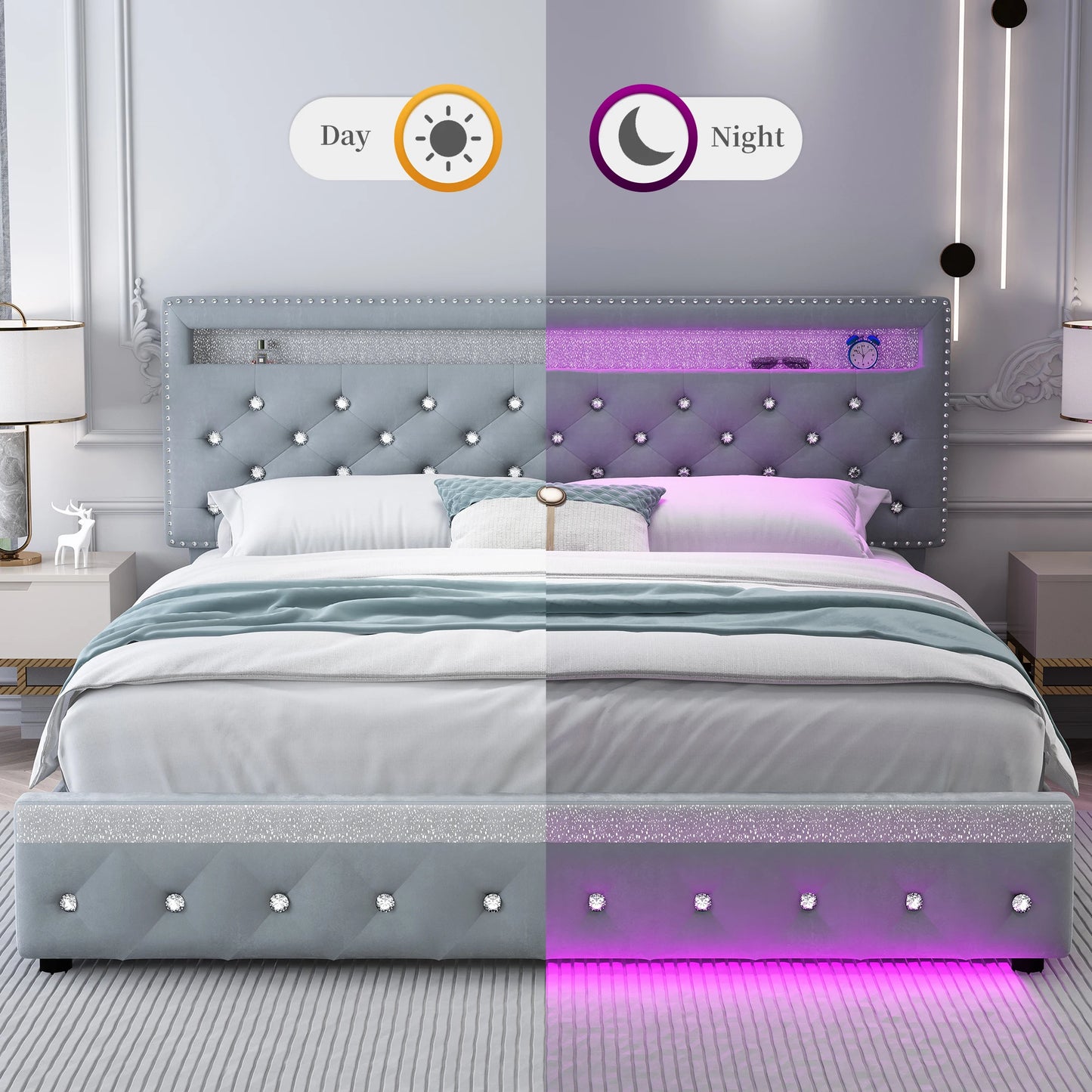 Full Size LED Bed Frame with 2 Drawers, Heavy Duty, Adjustable Crystal Tufted Headboard, No Box Spring, Velvet, Cream/Grey
