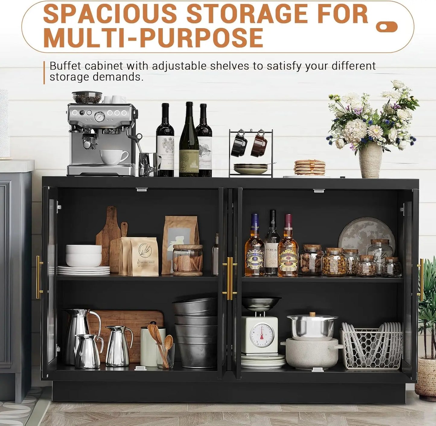 Buffet Cabinet with Storage 55.1" Large Wood Cabinet with 4 Fluted Glass Doors Black Modern Storage Cabinets for Dinning Room