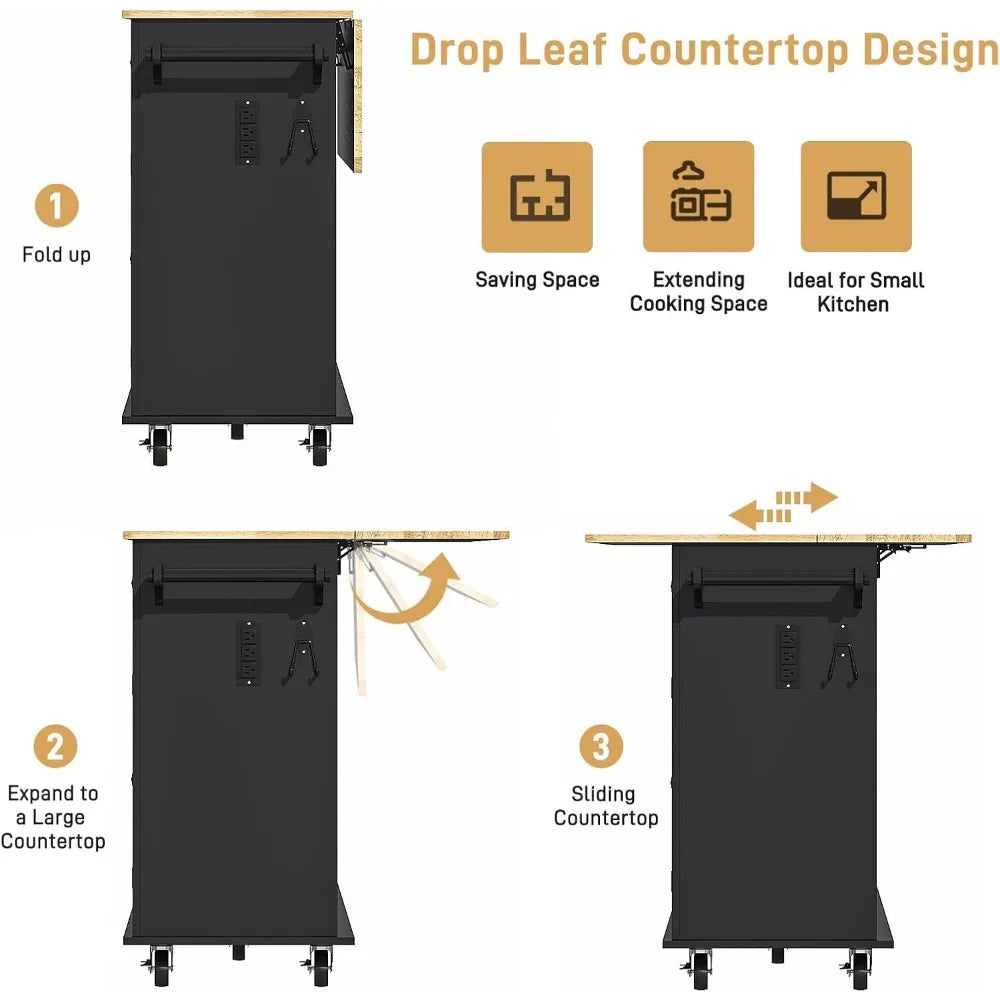 55" Movable Kitchen Island with Drop Leaf and Power Outlet, Rolling Cart with Storage Cabinet, Island Table on Wheels for Kitche