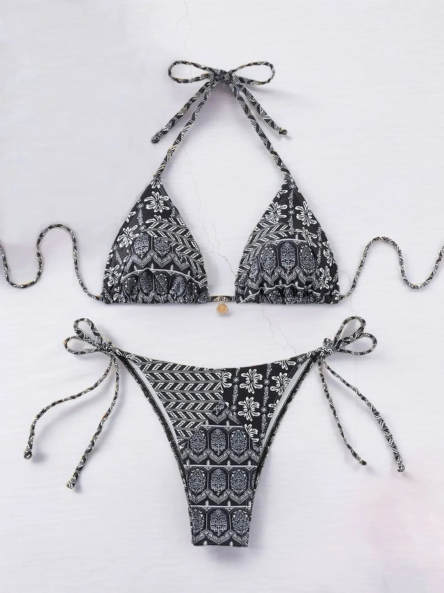 2025 New Summer Swimwear Bikini Set Sexy Print Backless Bikini 2 Piece Set Women Laced Up Split Swimsuit High Waist Beach Bikini