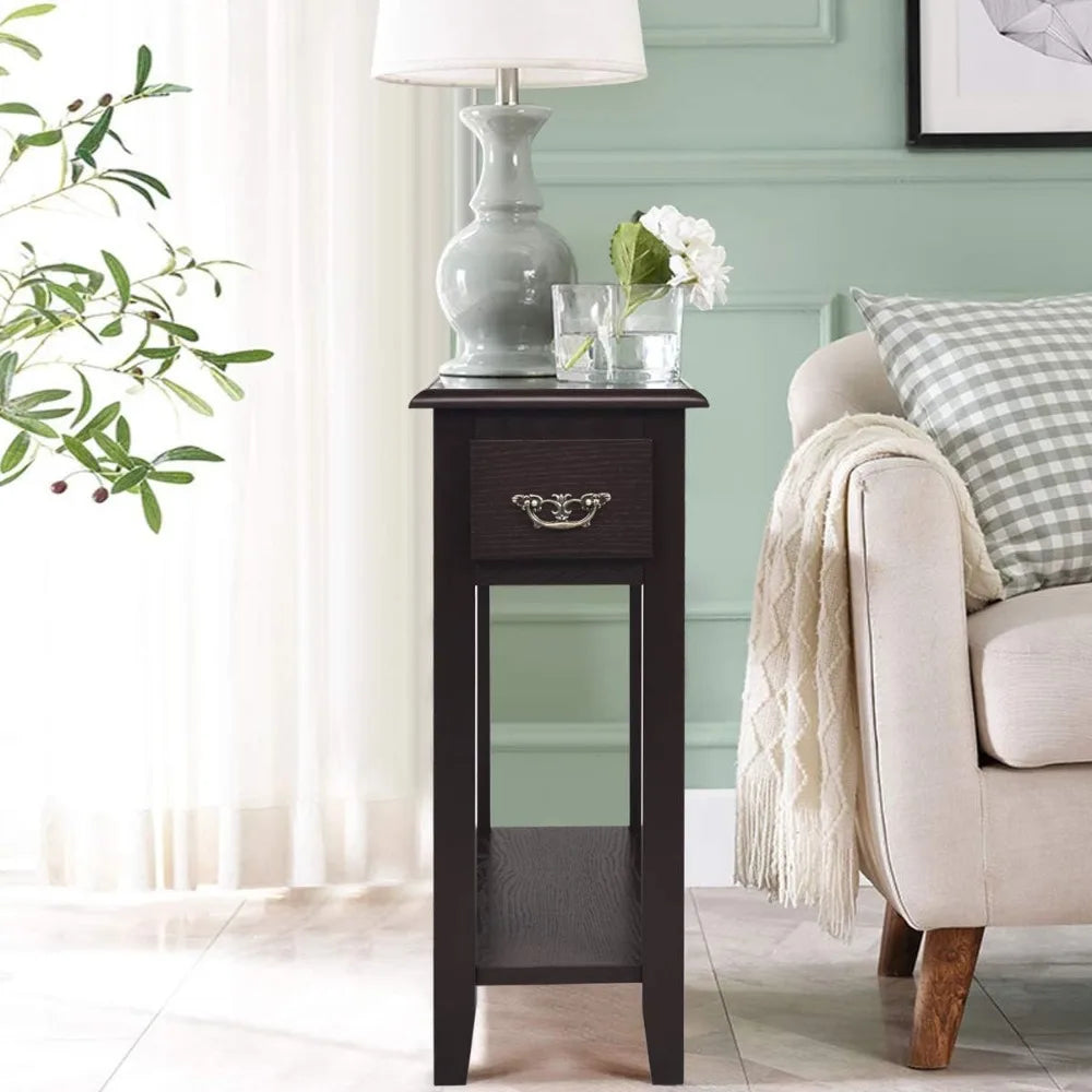 Narrow End Table, Slim Side Table with Drawer and Open Shelf, Small End Tables for Small Spaces, Narrow Nightstand Bedside Tabl