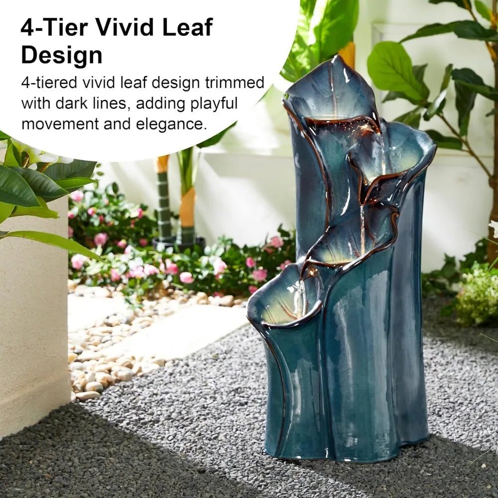 31.25 "H Outdoor Fountain with LED Lights and Water Pump, 4-storey Ceramic Floor Fountain, Waterfall Courtyard Vase Fountain