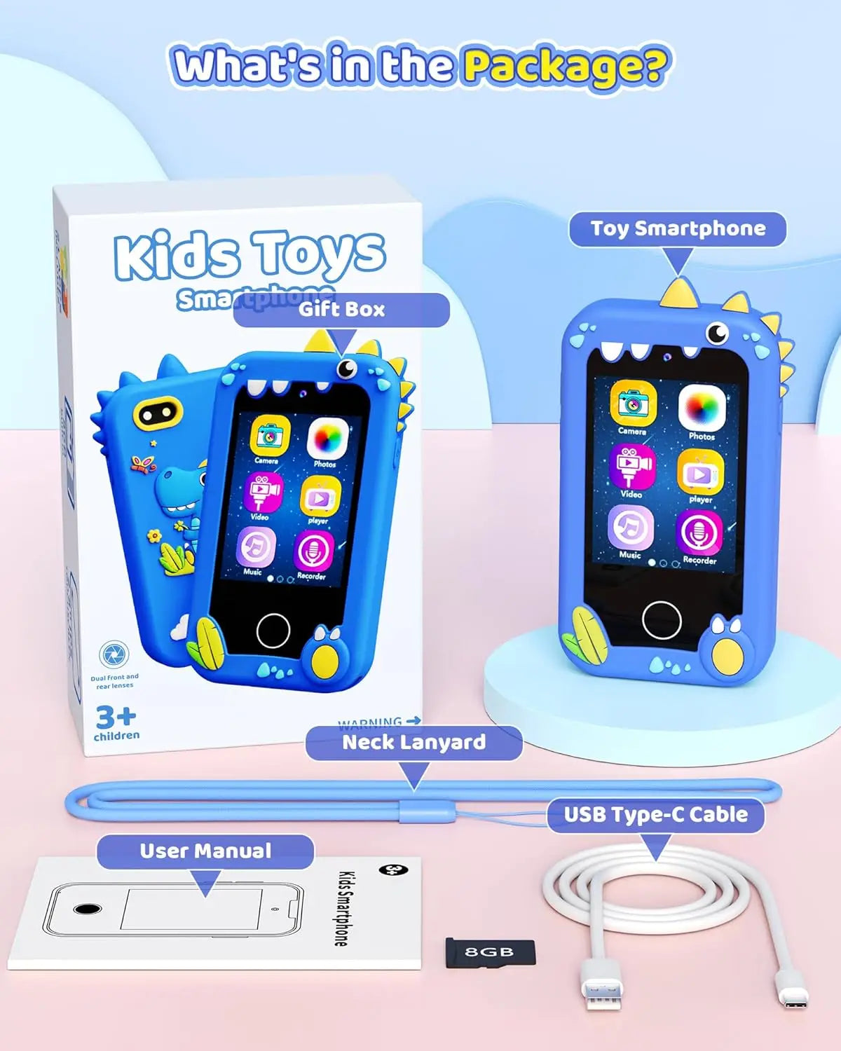 Kids Toy Smartphone, Gifts and Toys for Girls Boys Ages 3-8 Years Old, Fake Play Dinosaur Toy Phone Music Dual Camera Games