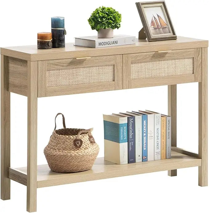 Console Table with Rattan Drawers Boho Rattan Entryway Table with Storage Small Console Tables Entryway Entry Table for Hallway
