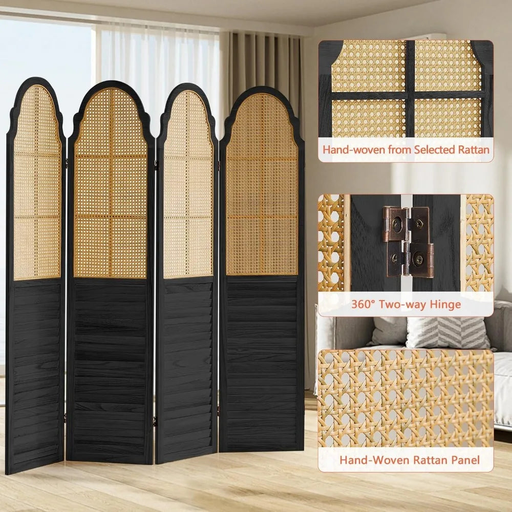 4 Panel Room Divider, Rattan Folding Screen Room Dividers, Privacy Dividers for Rooms, Louvered Partition Divider, Room Divider