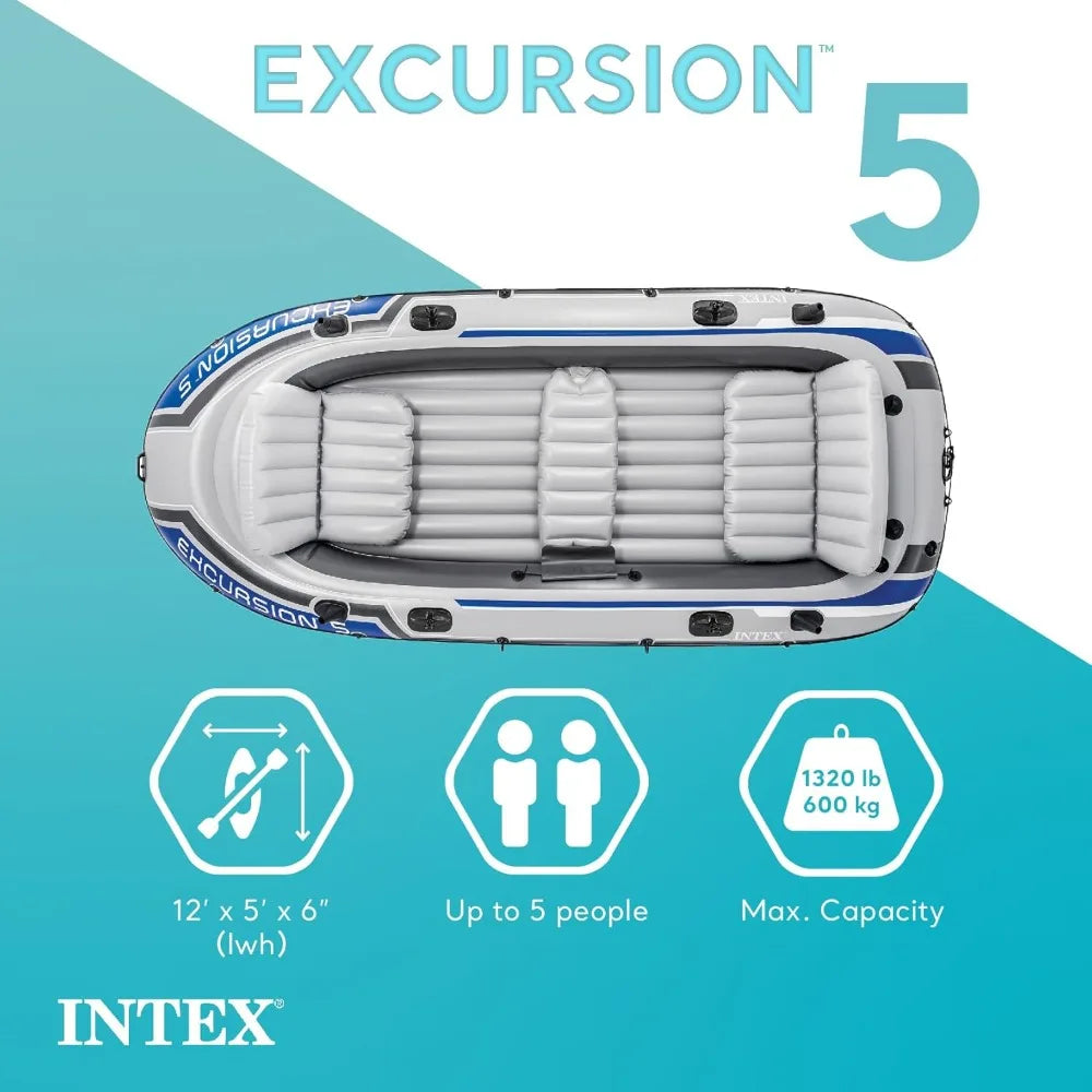 Excursion 5 Person Inflatable Outdoor Fishing Raft Boat Set with 2 Aluminum Oars and Air Pump with a Composite Motor Mount Kit
