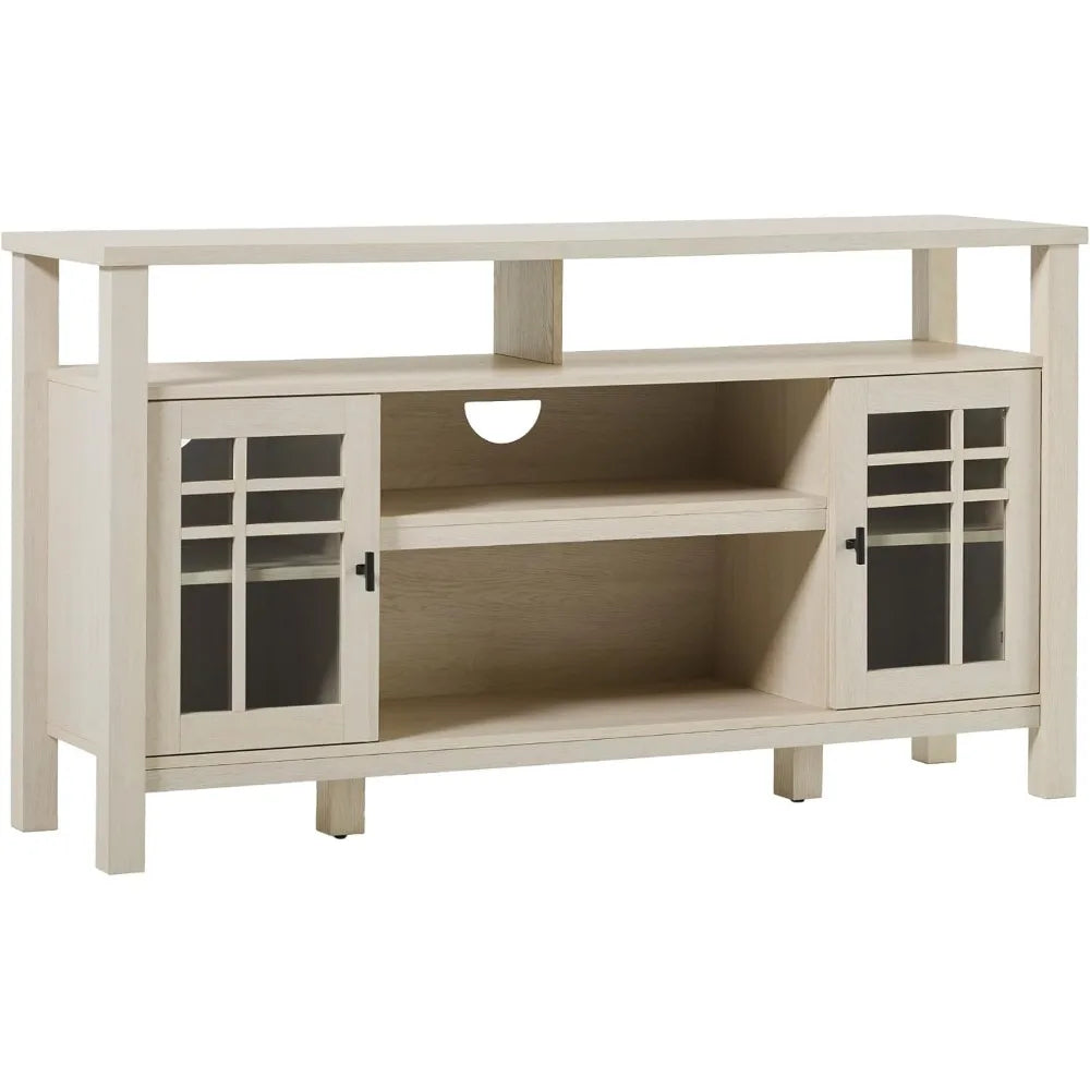 Transitional-Style Windowpane Glass Door Storage Sideboard, 58 Inch, Coastal Oak