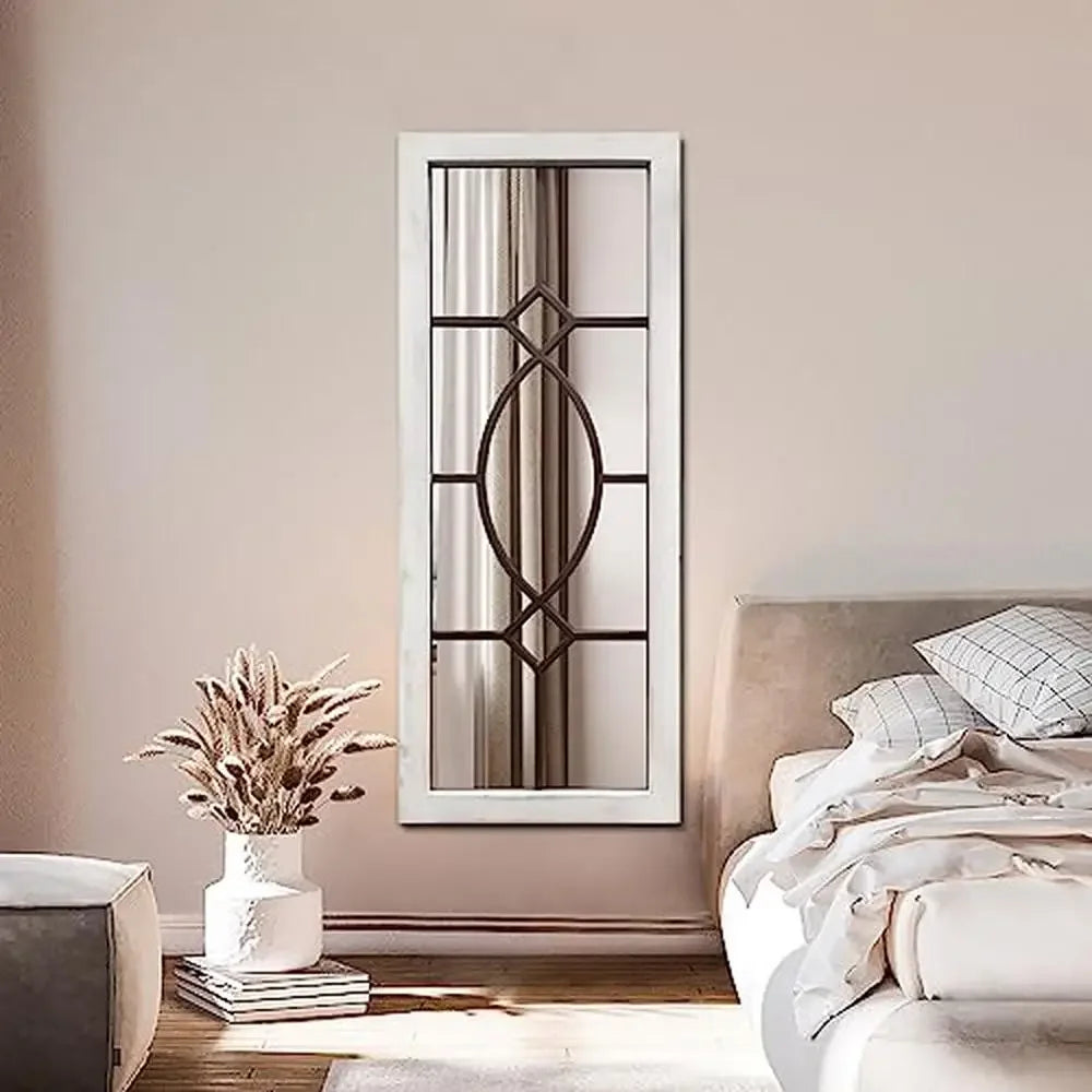 Distressed White Wooden Wall Mirror Farmhouse Decor 43.3" x 17.7" Rustic Entryway Bedroom Mirror