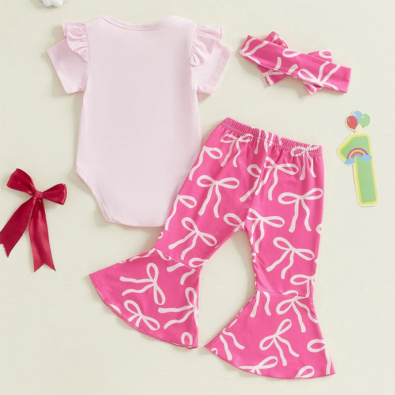 Adorable Baby Girl Floral Print Sleeveless Romper with Matching Bow Headband and Ruffle Hem Pants 3-Piece Outfit Set for Summer
