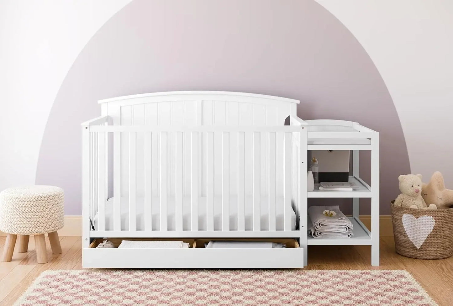 NEW ! Steveston 5-in-1 Convertible Crib and Changer with Drawer (White) – GREENGUARD Gold Certified, Crib and Changing Tabl