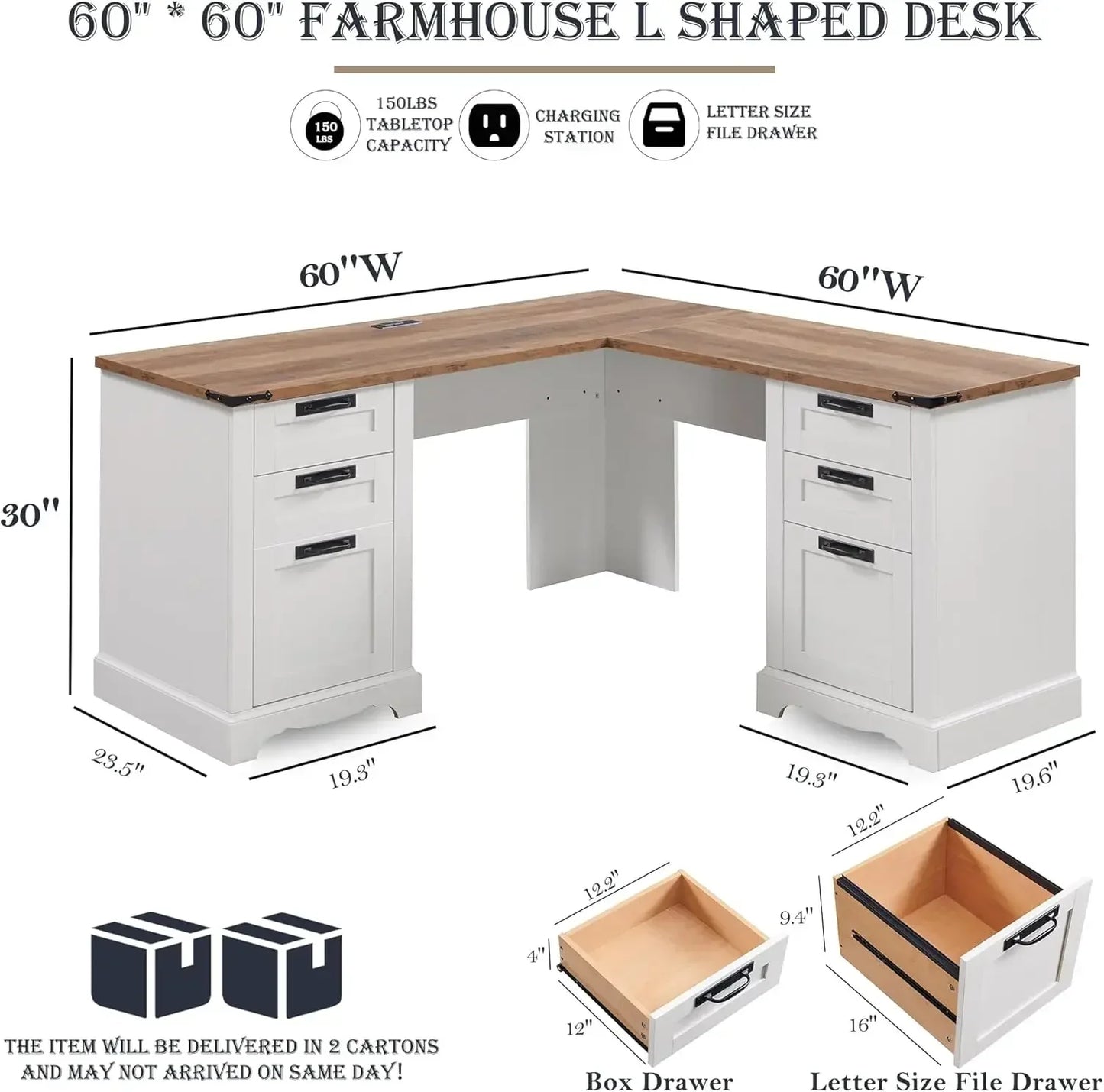 60" Farmhouse L Shaped Executive Desk Wood Home Office Corner Desk File Drawer, Storage Cabinet, Rustic Computer Writing Desk