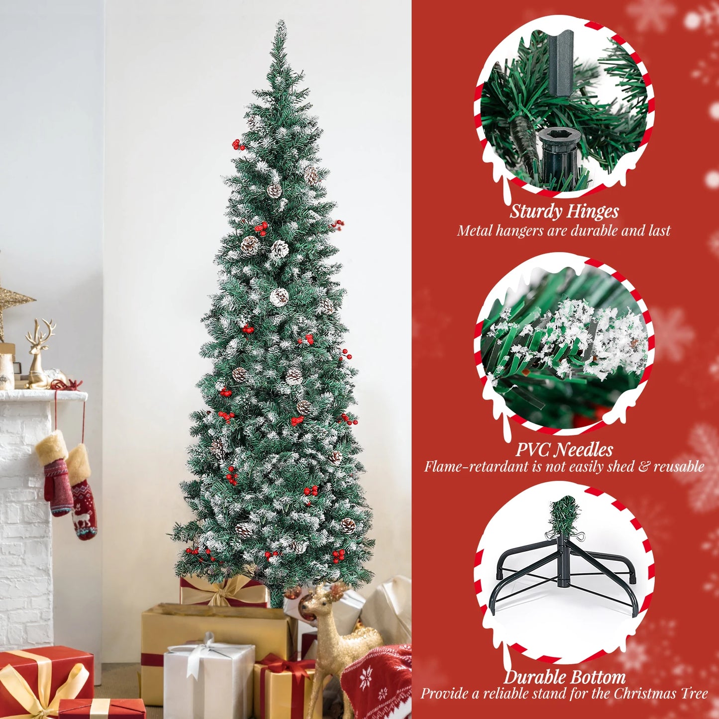 7.5 Ft Pre-Decorated Pencil Christmas Tree Pre-Lit Holiday Tree with Clear Lights Collapsible for Easy Storage 41 Pine cones