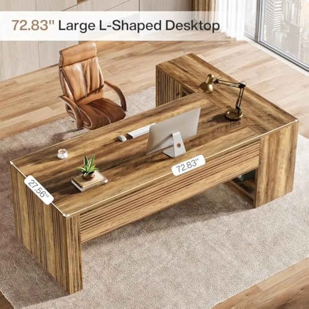 72.8" Large Executive Desk with 47.24" Cabinet, Office Desk with Storage Shelves, Farmhouse Wooden L-Shaped Desk for Home Offic