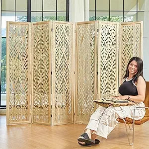 5.6Ft Room Divider Folding Wood Classical Carved Partition Screen for Home Office Garden - 6 Panels (Natural)