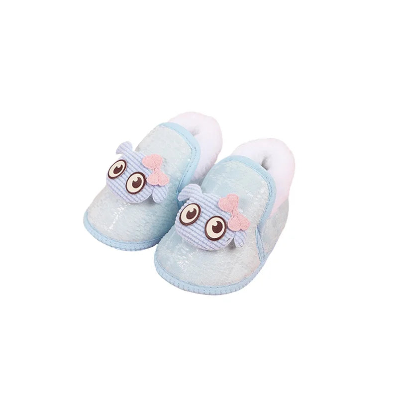 Adorable Baby Girls Plush Shoes with Cute Cartoon Design Big Eyes Warm Fleece Lining Non-Slip Sole for First Steps
