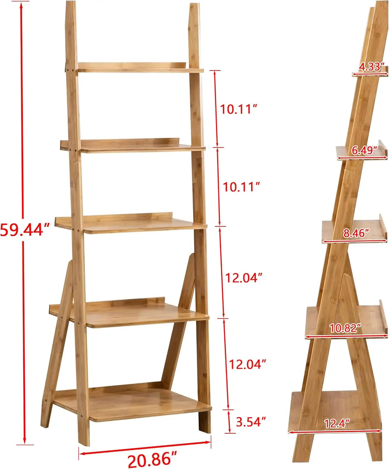 Bamboo Ladder Shelf Bookcase, 5-Tier Leaning Bookshelf Free Standing Organizer Storage Shelves for Living Room, Bedroom
