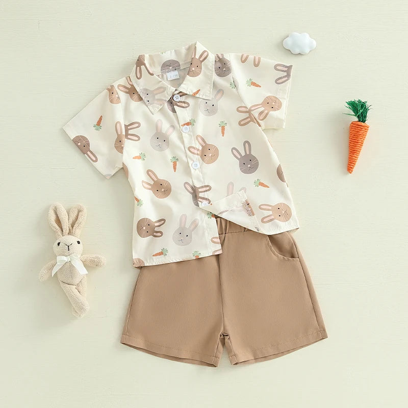 Easter Bunny Print Toddler Boy Short Set with Short Sleeve Button-up Shirt and Elastic Waistband Shorts Featuring Pockets