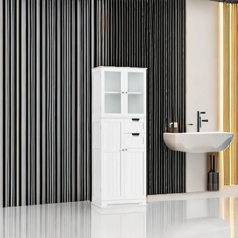 67'' Tall Storage Cabinet, Bathroom Storage Cabinet with Frosted Glass Doors and Wood Drawers, Kitchen Pantry White