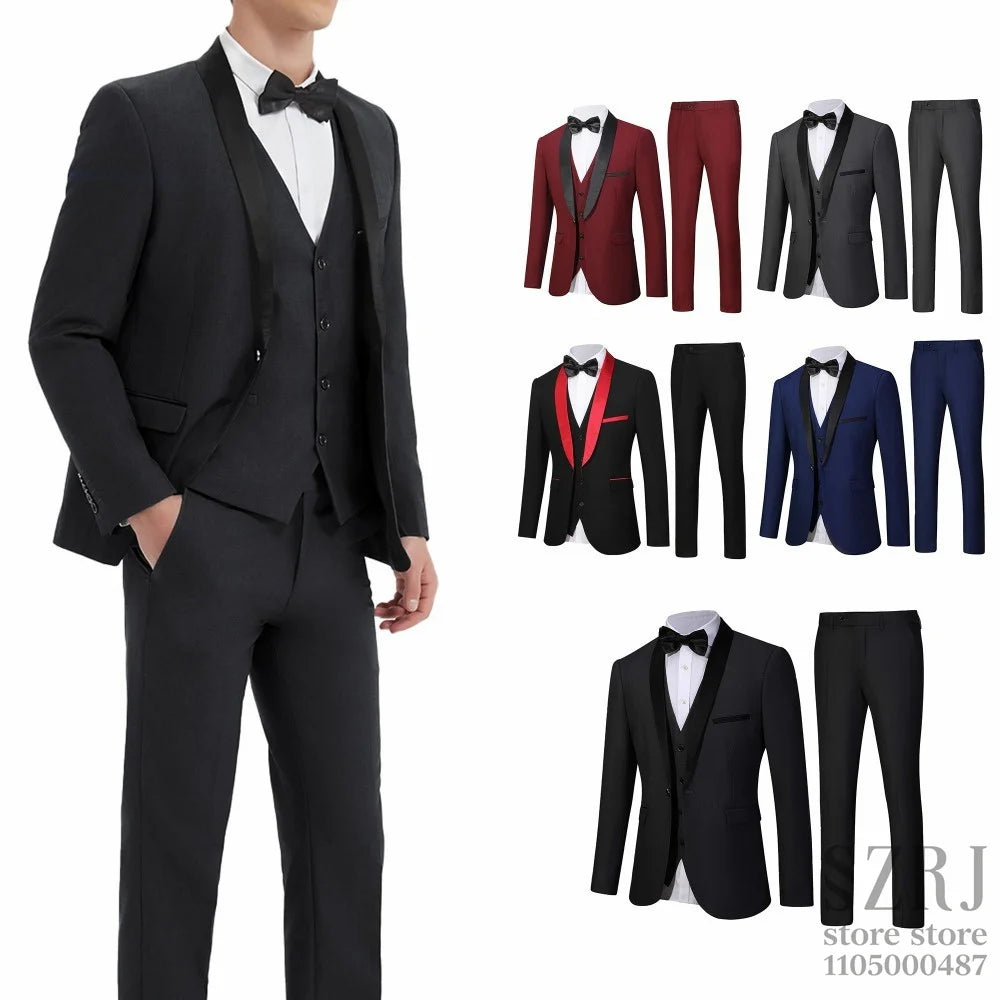 3PCS Men's Wedding Guest Suit Set: Shawl Collar Jacket + Slim Pants | Formal Banquet Outfit