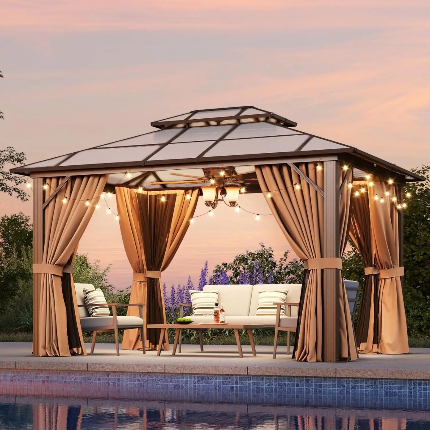 12'x16' Hardtop Gazebo, Aluminum Frame Permanent Pavilion with Netting and Curtains, Outdoor Polycarbonate Double Roof