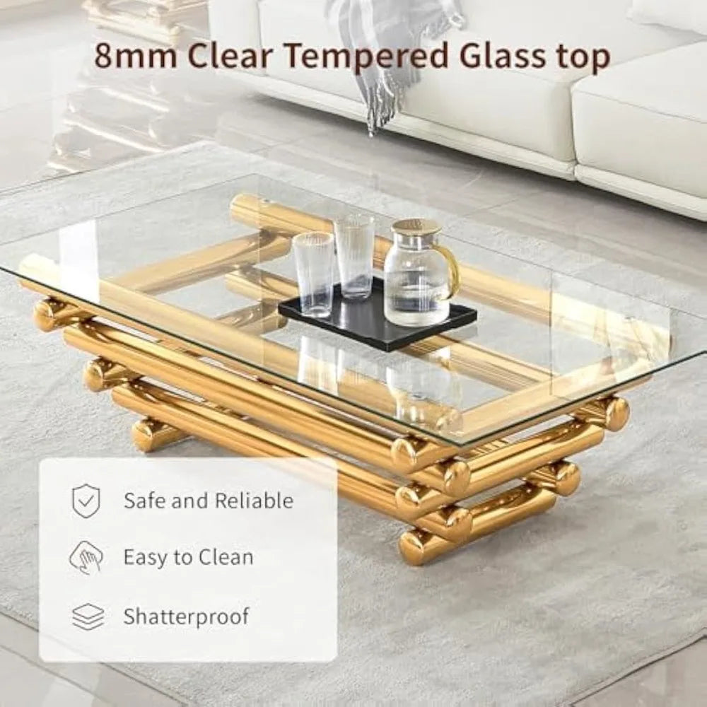 55" Glass Coffee Table, Modern Gold Coffee Tables for Living Room, Rectangular Tempered Glass Top with Stainless Steel Legs, Tea