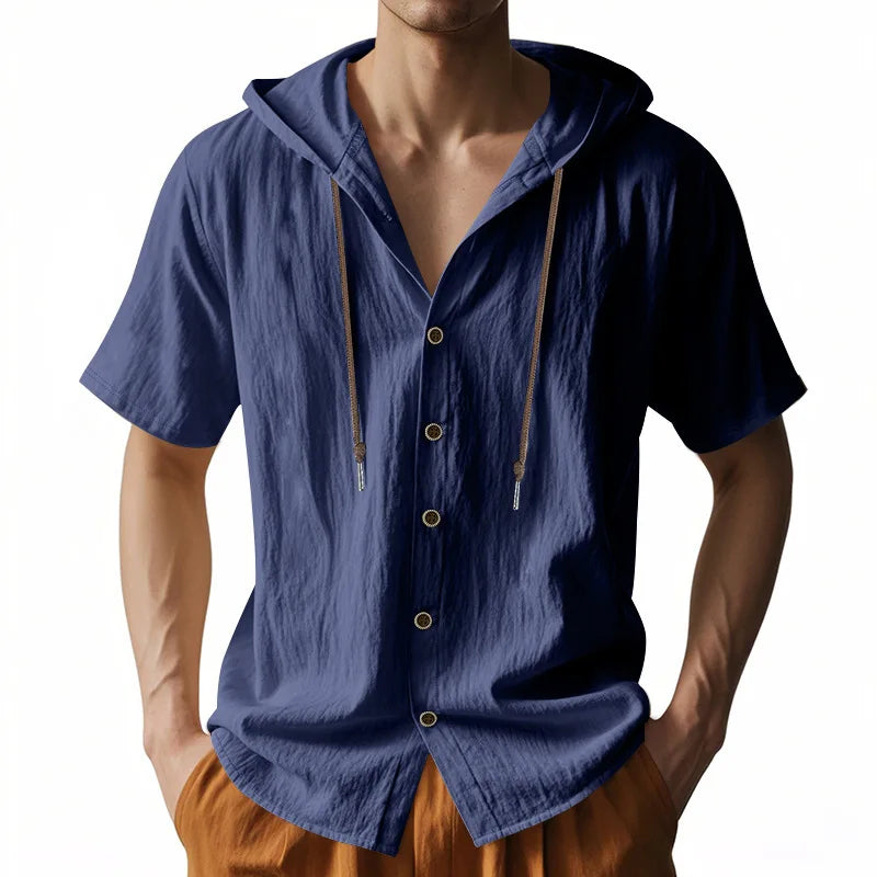 Men s Short Sleeve Hooded Shirt with Button Closure Solid Color Summer Top for Casual Daily Wear and Outdoor Activities