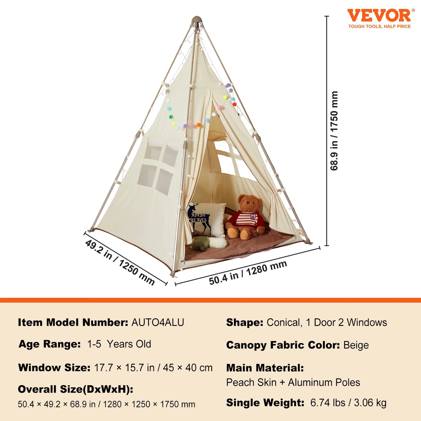 SucceBuy Kids Play Tent Teepee Tent for Kids 1-5 Years Old Tent for Kids with Windows for Indoor and Outdoor Toddler Tent