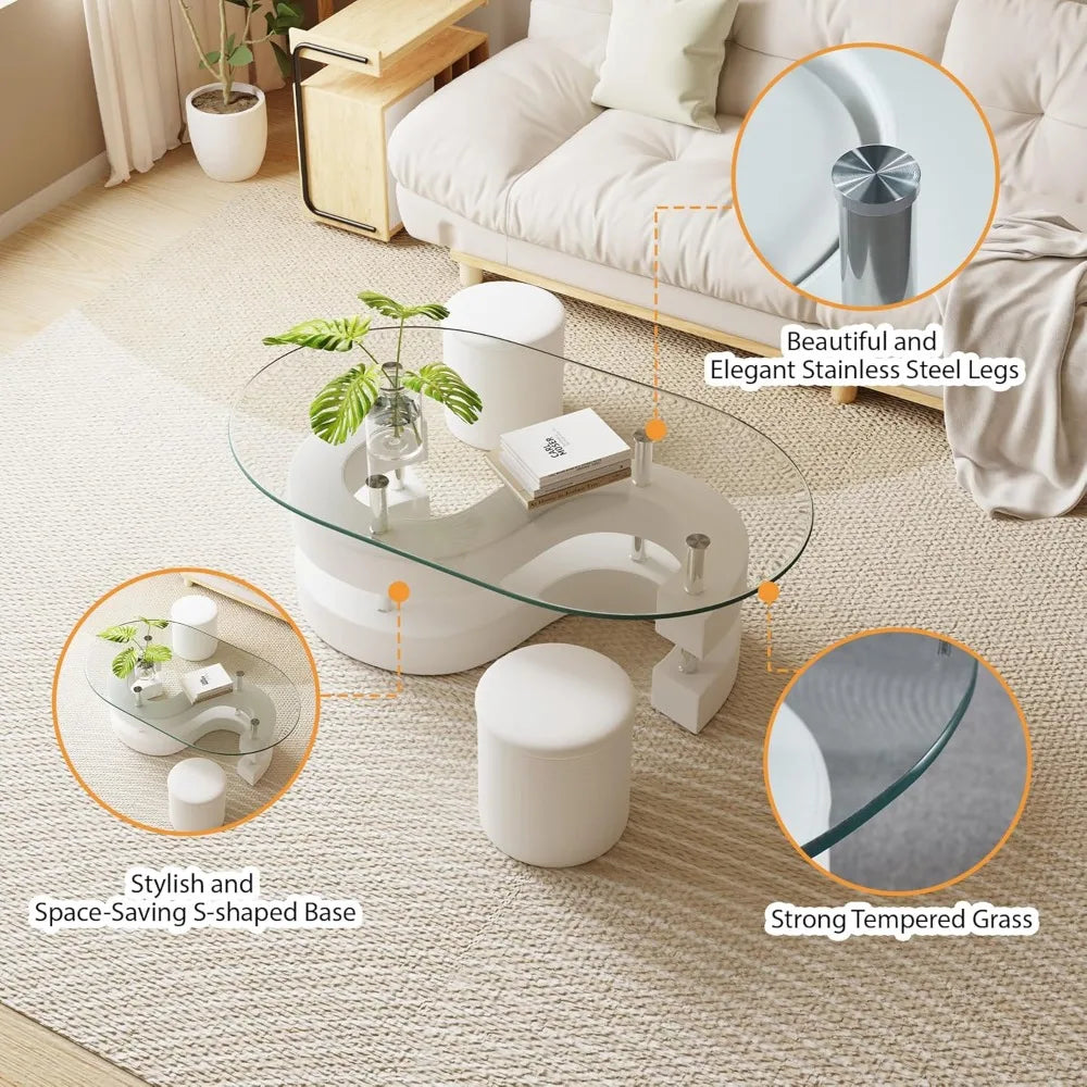 Oval Glass Coffee Table Set of 3, 0.39" Tempered Glass Top and S Shape Base, Modern Center Table with 2 Leather Stools, Accent C