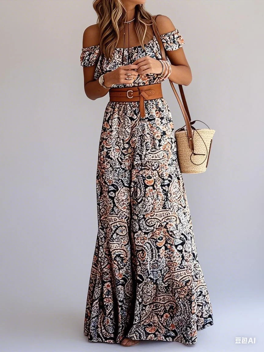 Sweet Slash-neck Print Dress for Women Summer Vintage Elegant Bare Shoulder Long Dresses Women Boho High Waist Vacation Dress