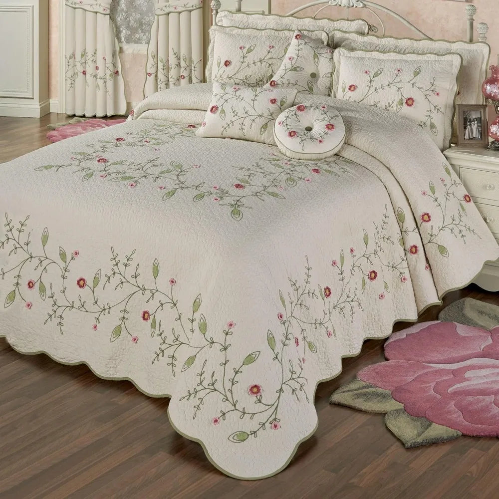Posy Cottage Garden Style Bedding | Chain Stitch Embroidery, Crochet, & Quilting Fiber Art Floral and Leaf Vines | 3 Piece Quilt