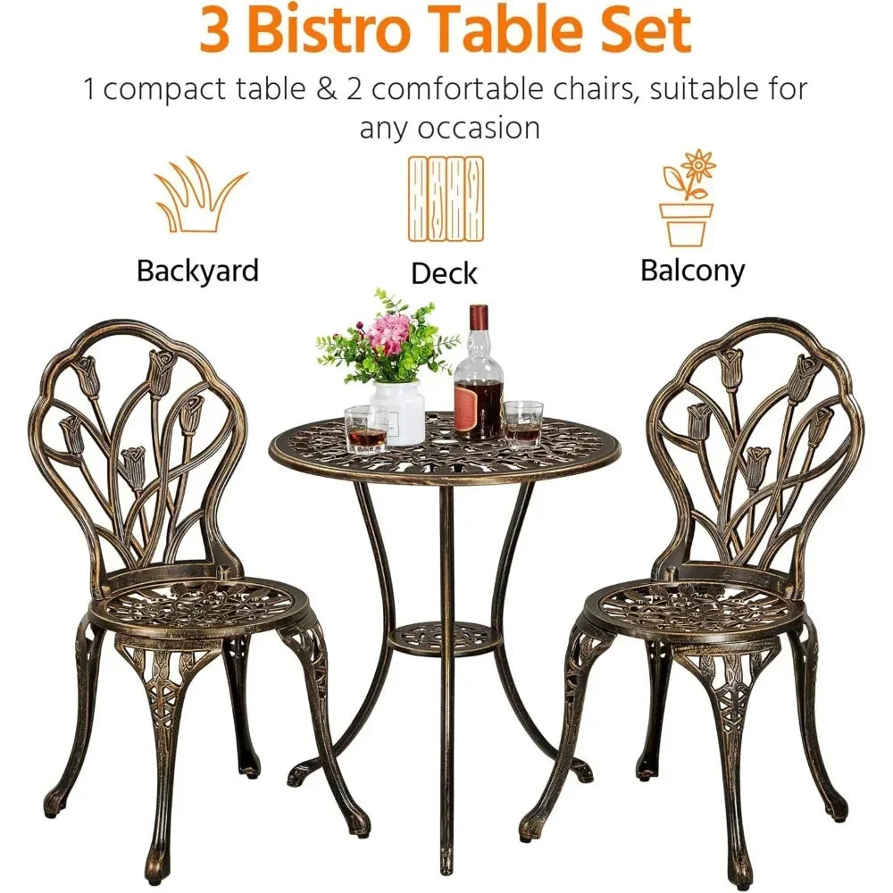 Patio Bistro Sets 3 Piece, Outdoor Rust-Resistant Cast Aluminum Garden Table and Chairs