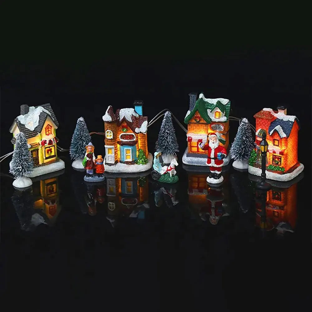 12 Pcs Mini Resin Christmas Village Figurines Decoration Set Lighted LED DIY Christmas Doll Figurines Christmas Home Decorations