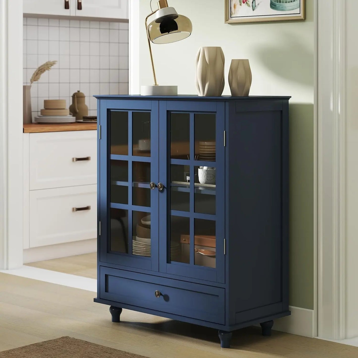 Buffet Cabinet with Glass Doors and Drawer, Modern Wood Storage Sideboard for Dining Room & Living Room, 28 Inch Accent Cabinet